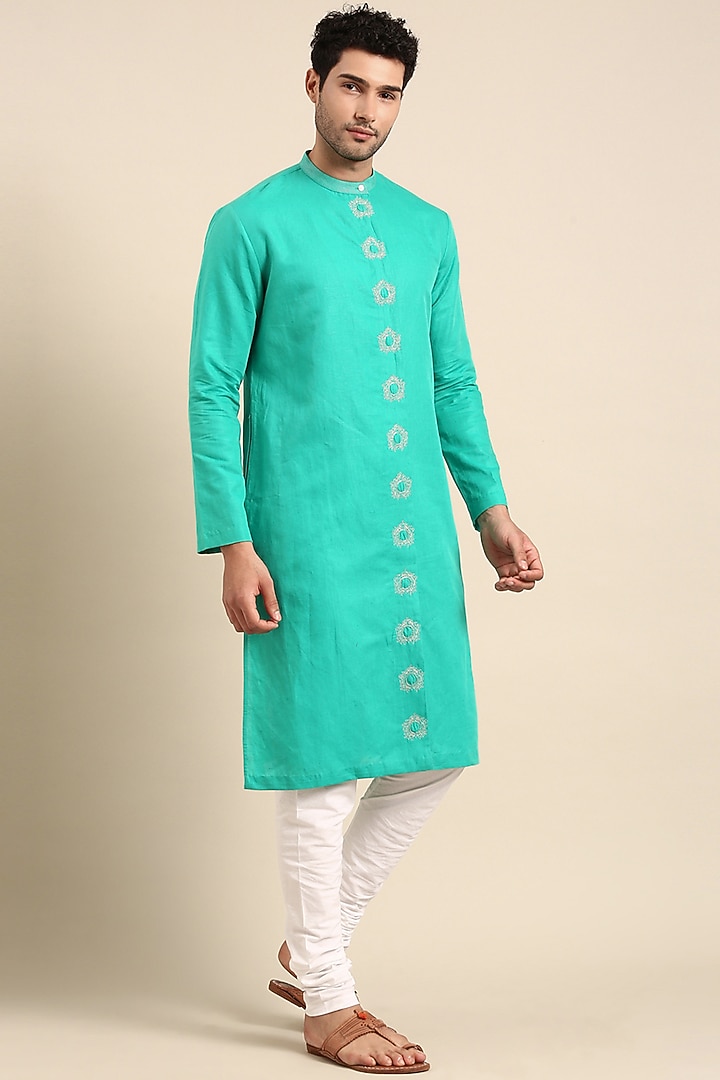 Sea Green Linen Embroidered Kurta Set by Mayank Modi at Pernia's Pop Up Shop