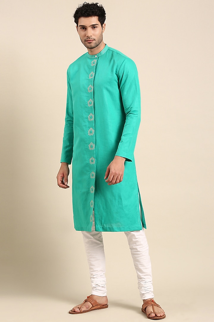 Sea Green Linen Embroidered Kurta Set by Mayank Modi at Pernia's Pop Up Shop