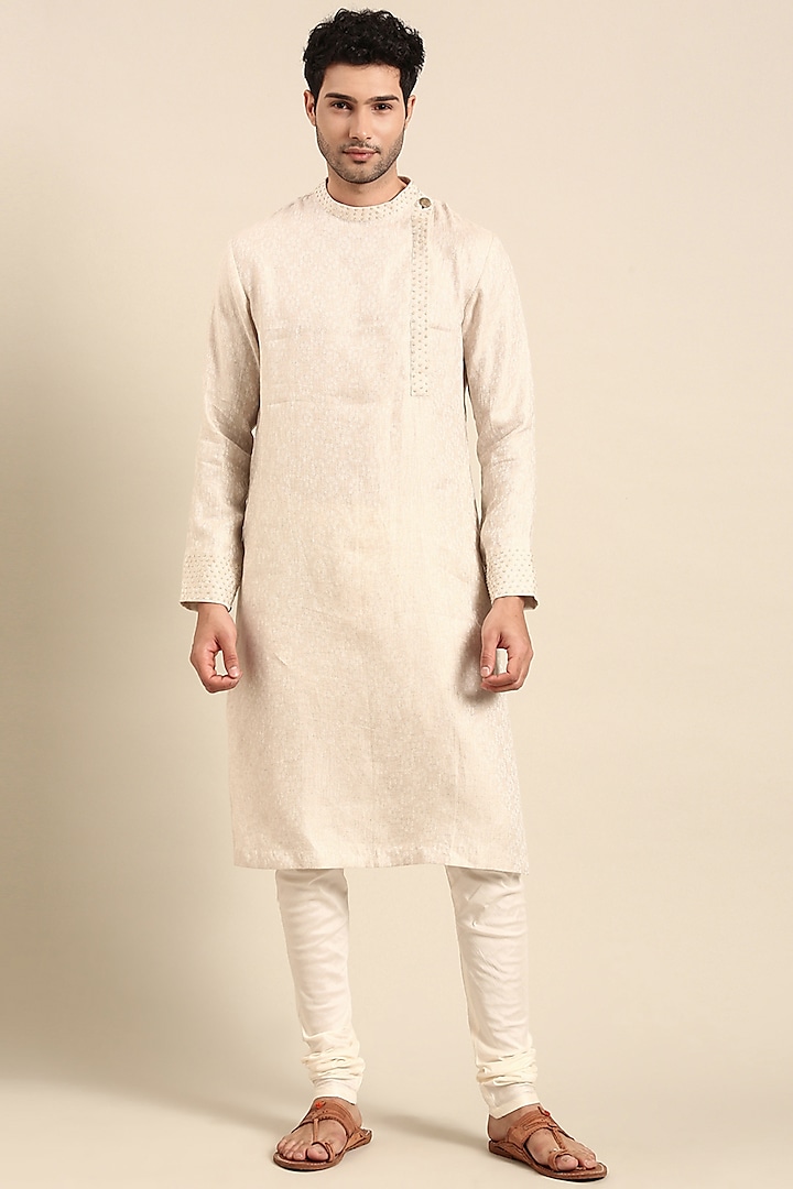 Beige Linen Jacquard Embroidered Kurta Set by Mayank Modi at Pernia's Pop Up Shop