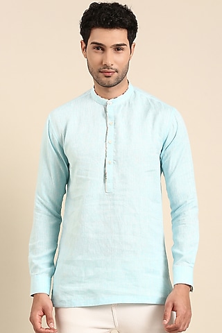 Sky Blue Linen Printed Short Kurta by Mayank Modi