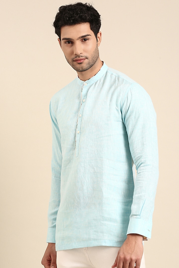 Sky Blue Linen Printed Short Kurta by Mayank Modi at Pernia's Pop Up Shop