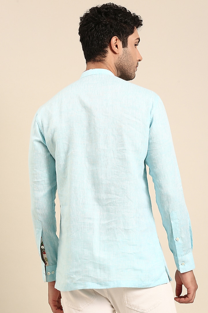 Sky Blue Linen Printed Short Kurta by Mayank Modi at Pernia's Pop Up Shop
