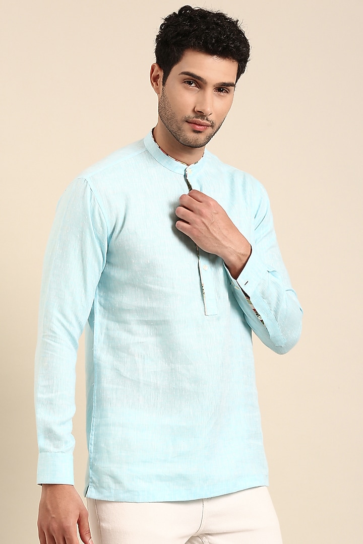 Sky Blue Linen Printed Short Kurta by Mayank Modi at Pernia's Pop Up Shop
