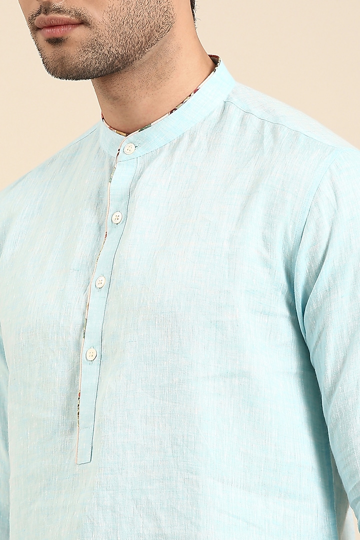 Sky Blue Linen Printed Short Kurta by Mayank Modi at Pernia's Pop Up Shop