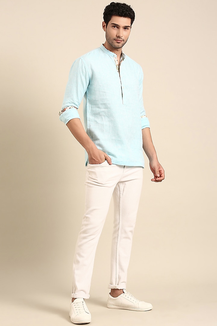 Sky Blue Linen Printed Short Kurta by Mayank Modi at Pernia's Pop Up Shop