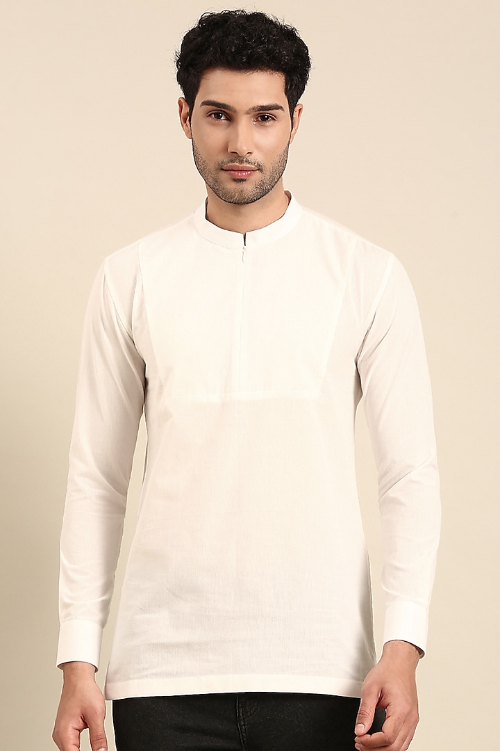 White Malai Cotton Short Kurta by Mayank Modi