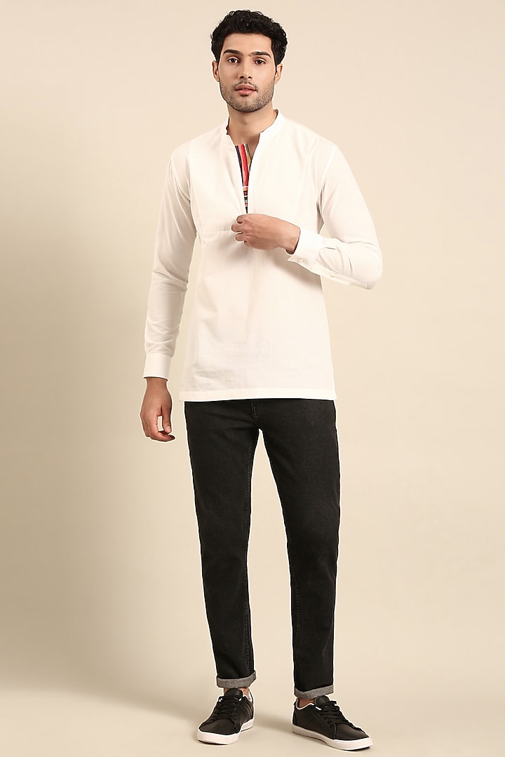 White Malai Cotton Short Kurta by Mayank Modi at Pernia's Pop Up Shop