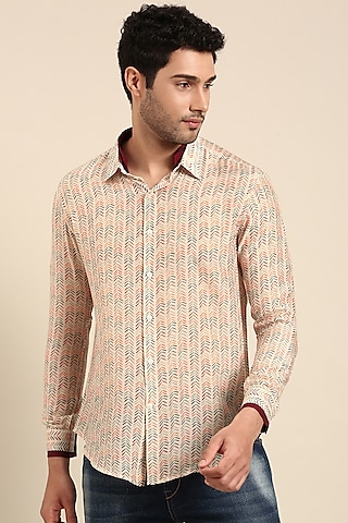 Beige Muslin Printed Shirt by Mayank Modi
