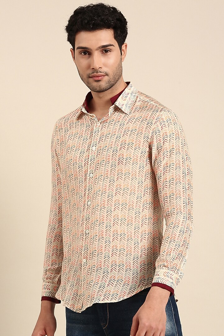 Beige Muslin Printed Party Wear Shirt by Mayank Modi at Pernia's Pop Up Shop