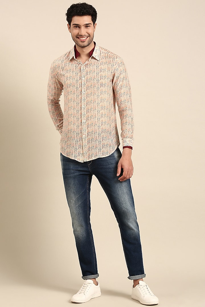 Beige Muslin Printed Party Wear Shirt by Mayank Modi at Pernia's Pop Up Shop