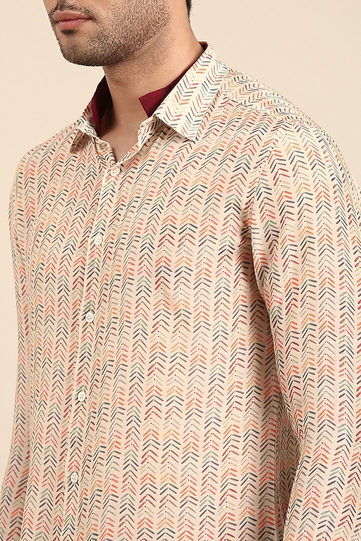 Beige Muslin Printed Party Wear Shirt by Mayank Modi at Pernia's Pop Up Shop