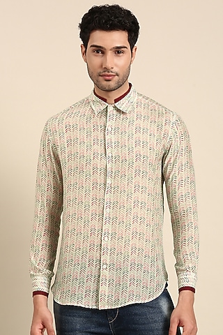 Beige Muslin Printed Shirt by Mayank Modi