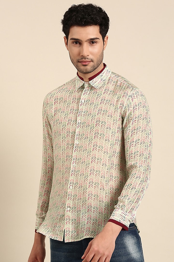 Beige Muslin Printed Party Wear Shirt by Mayank Modi at Pernia's Pop Up Shop