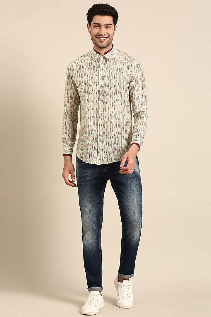 Beige Muslin Printed Party Wear Shirt by Mayank Modi at Pernia's Pop Up Shop