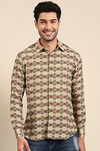 Beige Muslin Printed Shirt by Mayank Modi