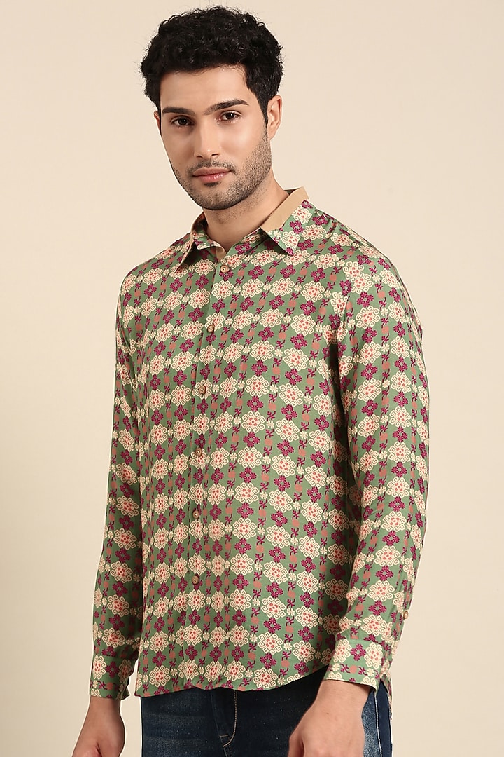 Beige Muslin Printed Party Wear Shirt by Mayank Modi at Pernia's Pop Up Shop