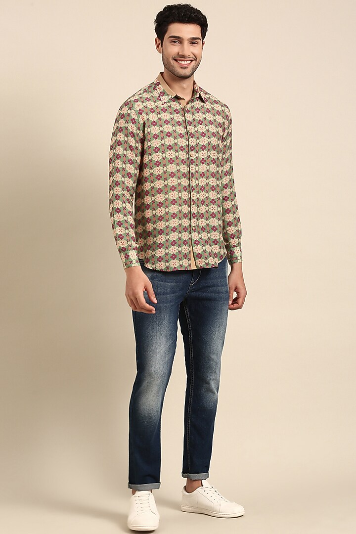 Beige Muslin Printed Party Wear Shirt by Mayank Modi at Pernia's Pop Up Shop