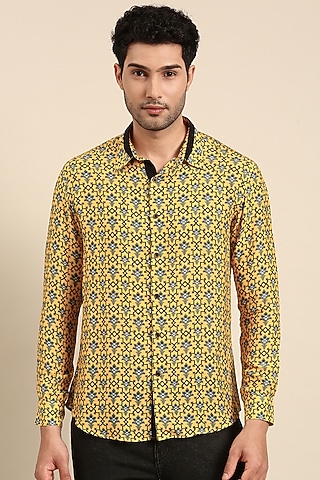 Yellow Muslin Printed Shirt by Mayank Modi