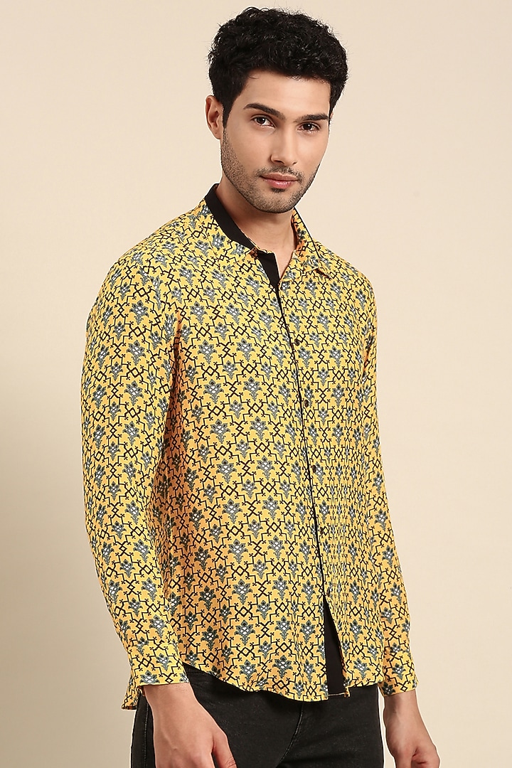 Yellow Muslin Printed Party Wear Shirt by Mayank Modi at Pernia's Pop Up Shop