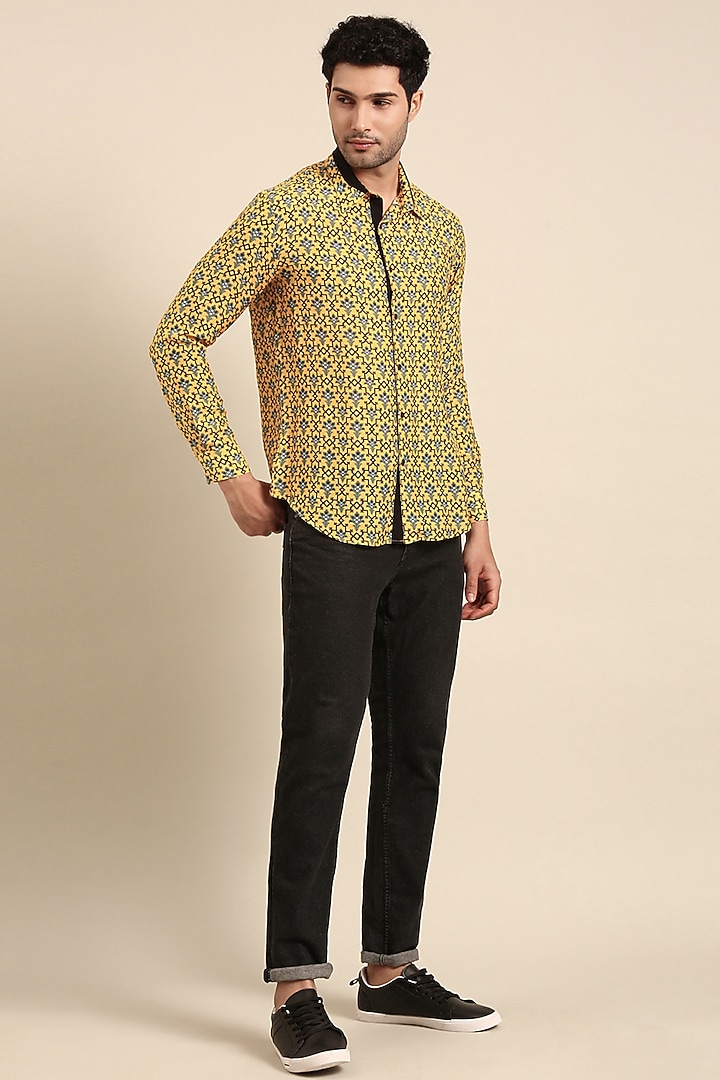 Yellow Muslin Printed Party Wear Shirt by Mayank Modi at Pernia's Pop Up Shop