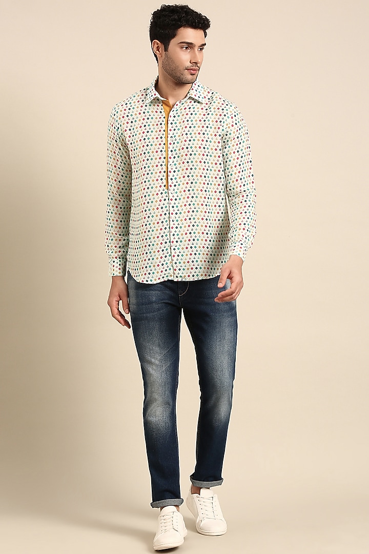 Light Blue Muslin Printed Party Wear Shirt by Mayank Modi at Pernia's Pop Up Shop
