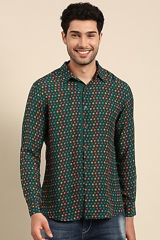 Teal Muslin Printed Shirt by Mayank Modi
