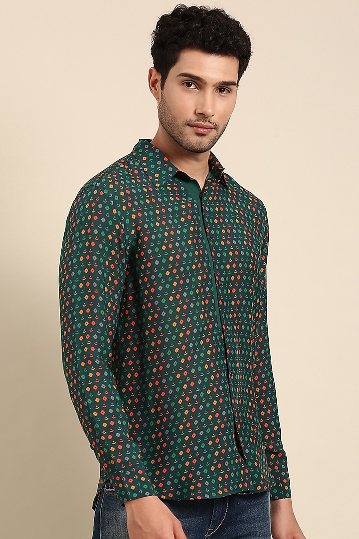 Teal Muslin Printed Party Wear Shirt by Mayank Modi at Pernia's Pop Up Shop