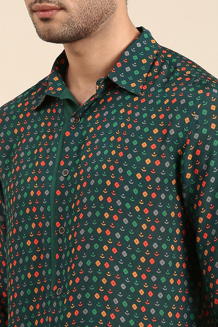 Teal Muslin Printed Party Wear Shirt by Mayank Modi at Pernia's Pop Up Shop