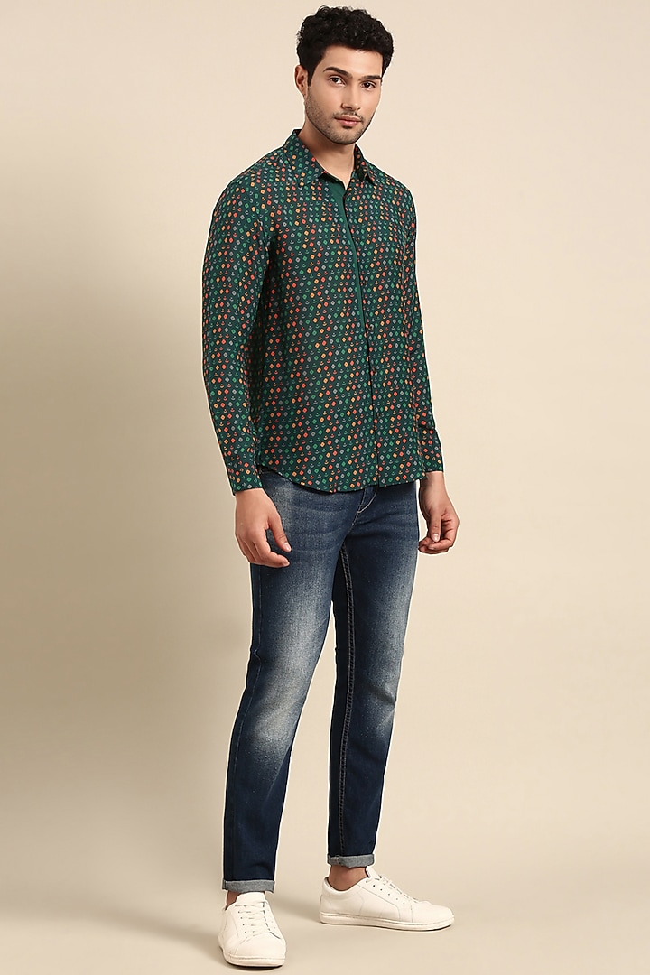 Teal Muslin Printed Party Wear Shirt by Mayank Modi at Pernia's Pop Up Shop