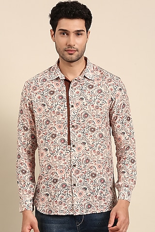 Beige Muslin Printed Shirt by Mayank Modi