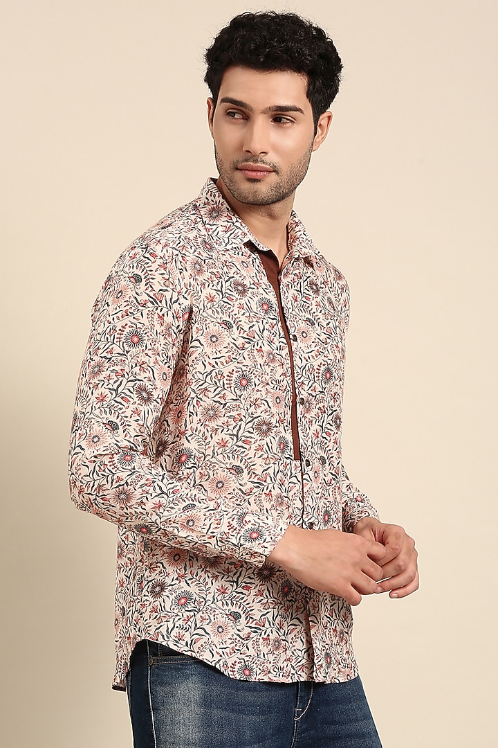 Beige Muslin Printed Party Wear Shirt by Mayank Modi at Pernia's Pop Up Shop
