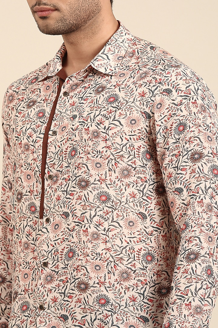 Beige Muslin Printed Party Wear Shirt by Mayank Modi at Pernia's Pop Up Shop