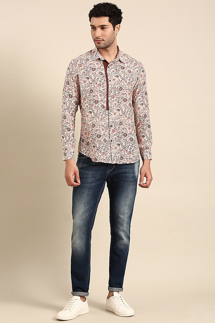 Beige Muslin Printed Party Wear Shirt by Mayank Modi at Pernia's Pop Up Shop
