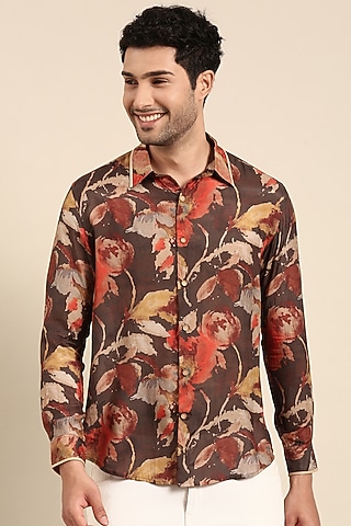 Charcoal Red Muslin Printed Shirt by Mayank Modi