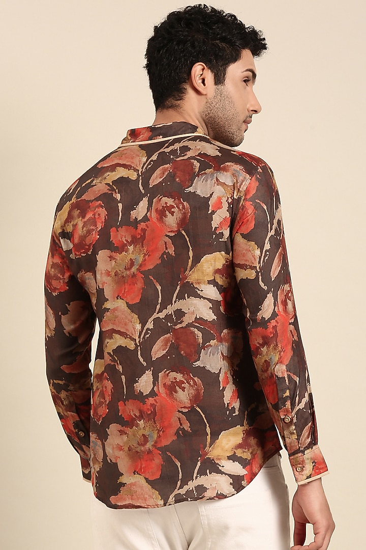 Charcoal Red Muslin Printed Party Wear Shirt by Mayank Modi at Pernia's Pop Up Shop