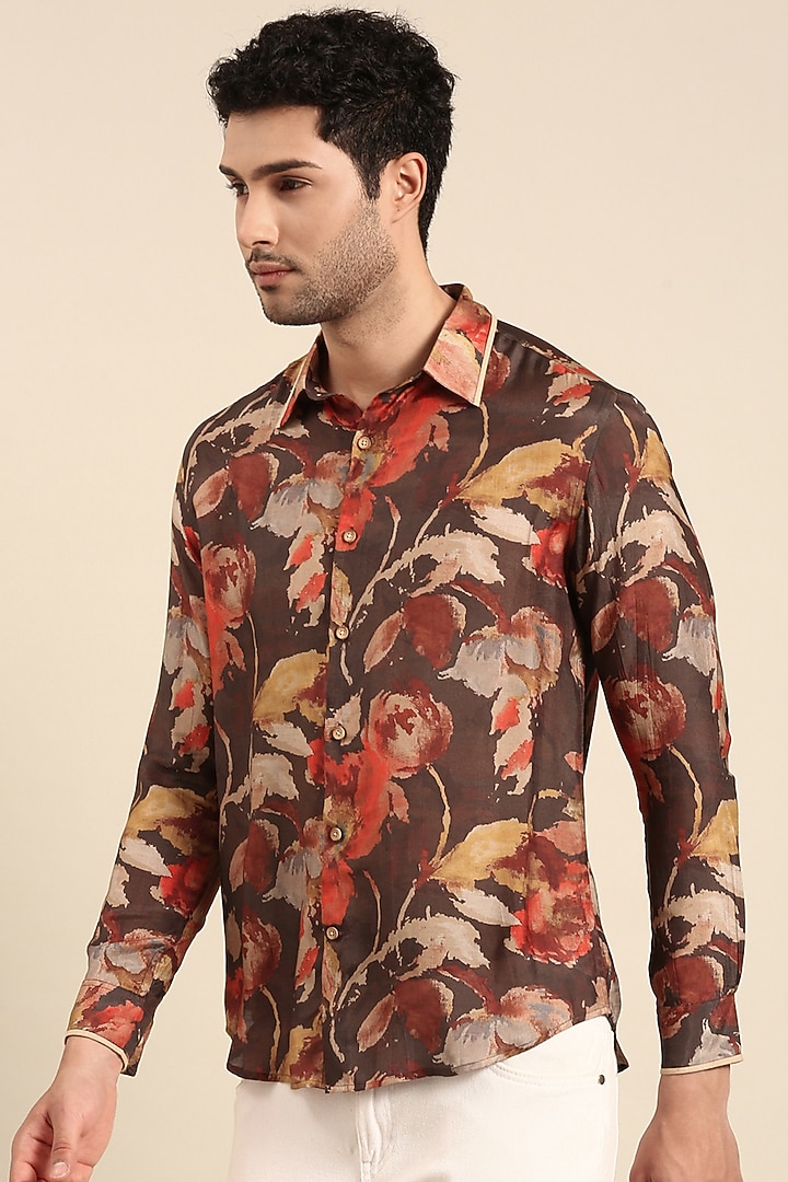 Charcoal Red Muslin Printed Party Wear Shirt by Mayank Modi at Pernia's Pop Up Shop