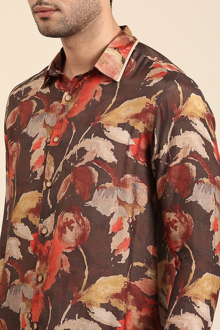 Charcoal Red Muslin Printed Party Wear Shirt by Mayank Modi at Pernia's Pop Up Shop