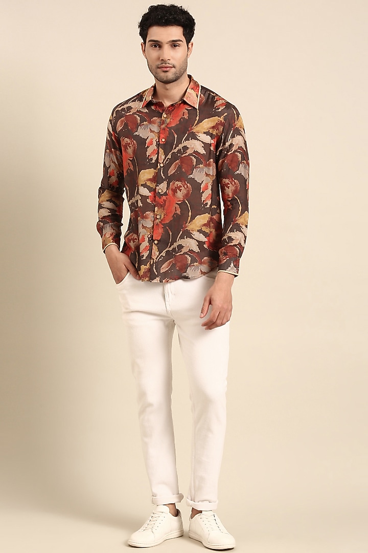 Charcoal Red Muslin Printed Party Wear Shirt by Mayank Modi at Pernia's Pop Up Shop