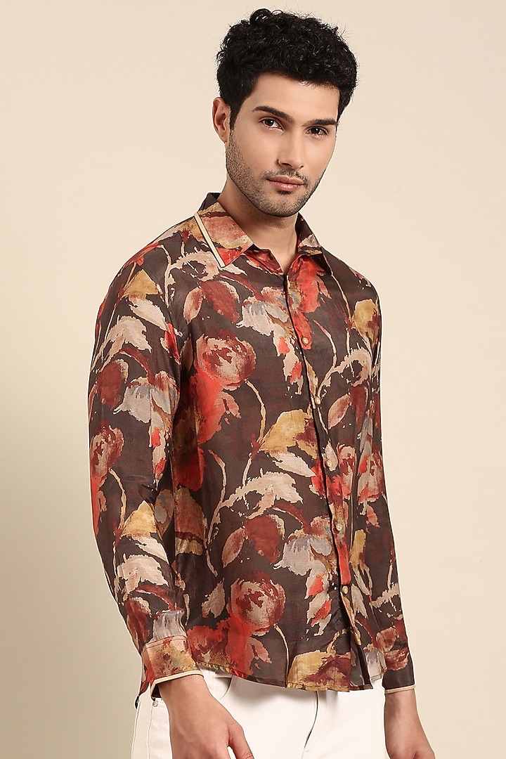 Charcoal Red Muslin Printed Party Wear Shirt by Mayank Modi at Pernia's Pop Up Shop