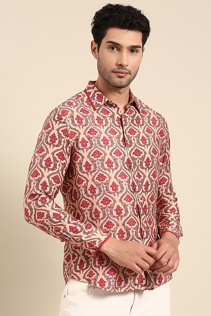 Peach Muslin Printed Party Wear Shirt by Mayank Modi at Pernia's Pop Up Shop