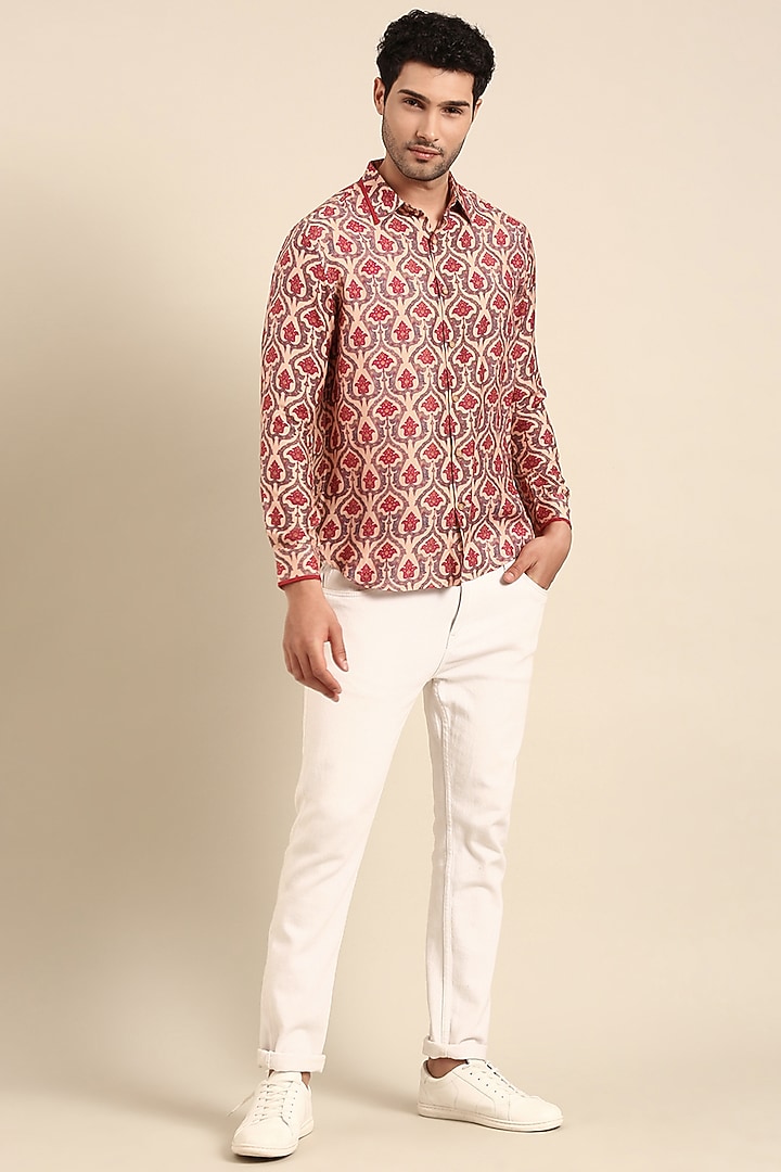 Peach Muslin Printed Party Wear Shirt by Mayank Modi at Pernia's Pop Up Shop