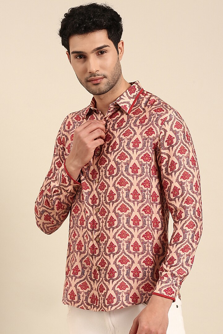 Peach Muslin Printed Party Wear Shirt by Mayank Modi at Pernia's Pop Up Shop