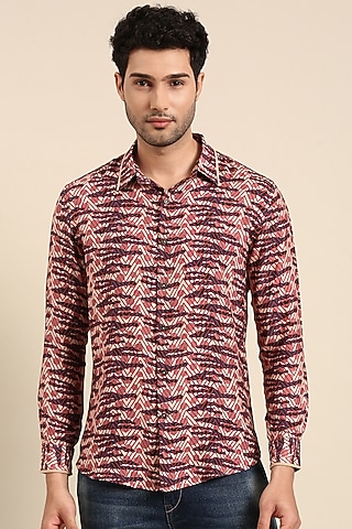 Blue & Red Muslin Printed Shirt by Mayank Modi
