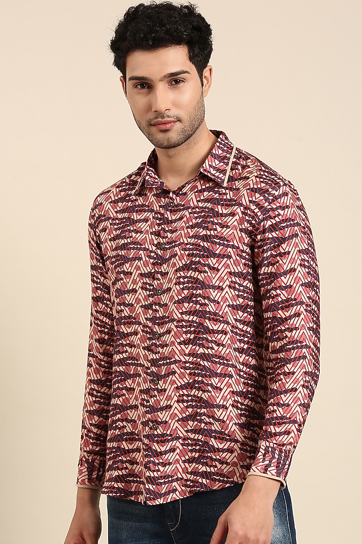 Blue & Red Muslin Printed Party Wear Shirt by Mayank Modi at Pernia's Pop Up Shop