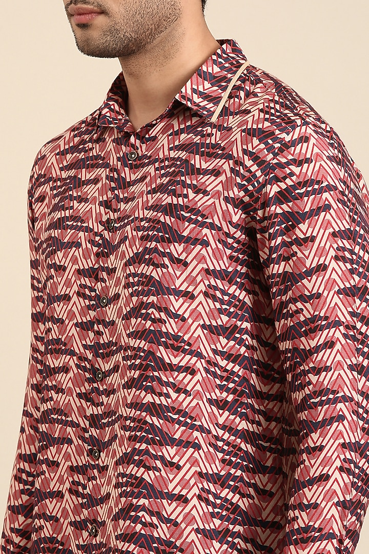 Blue & Red Muslin Printed Party Wear Shirt by Mayank Modi at Pernia's Pop Up Shop