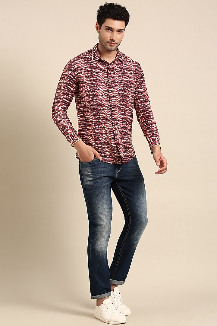 Blue & Red Muslin Printed Party Wear Shirt by Mayank Modi at Pernia's Pop Up Shop