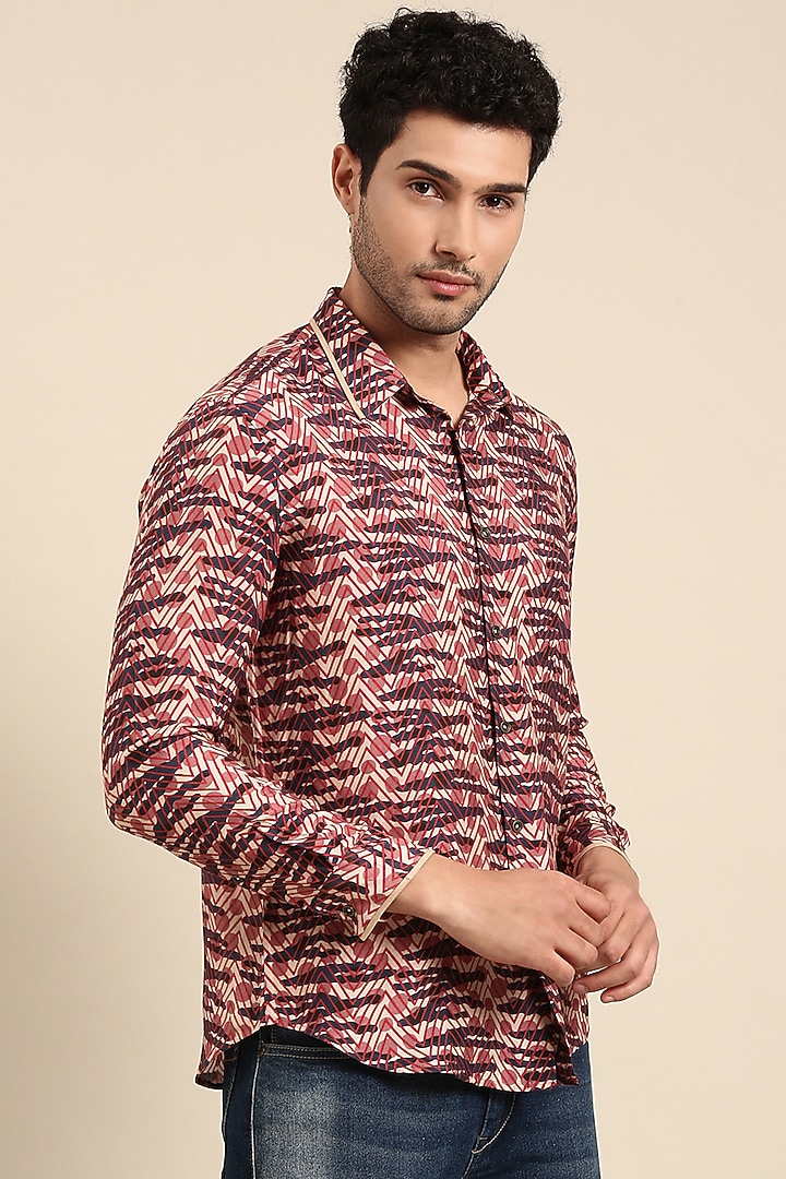 Blue & Red Muslin Printed Party Wear Shirt by Mayank Modi at Pernia's Pop Up Shop
