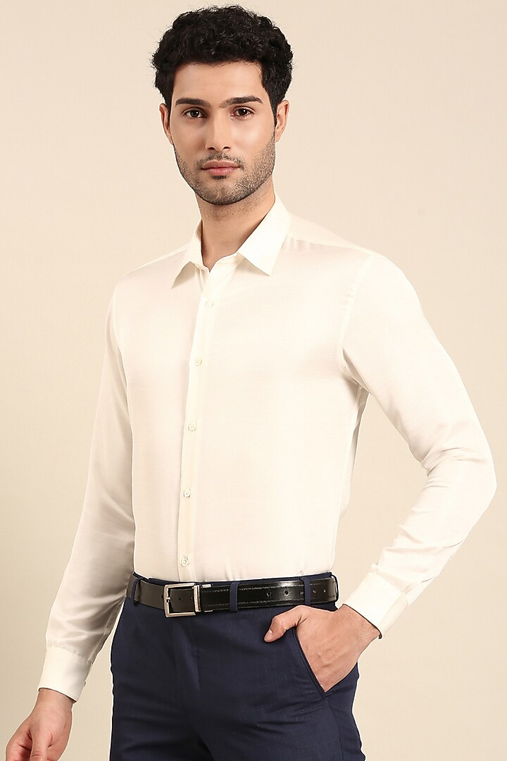 Ivory Silk Slub Party Wear Shirt by Mayank Modi at Pernia's Pop Up Shop