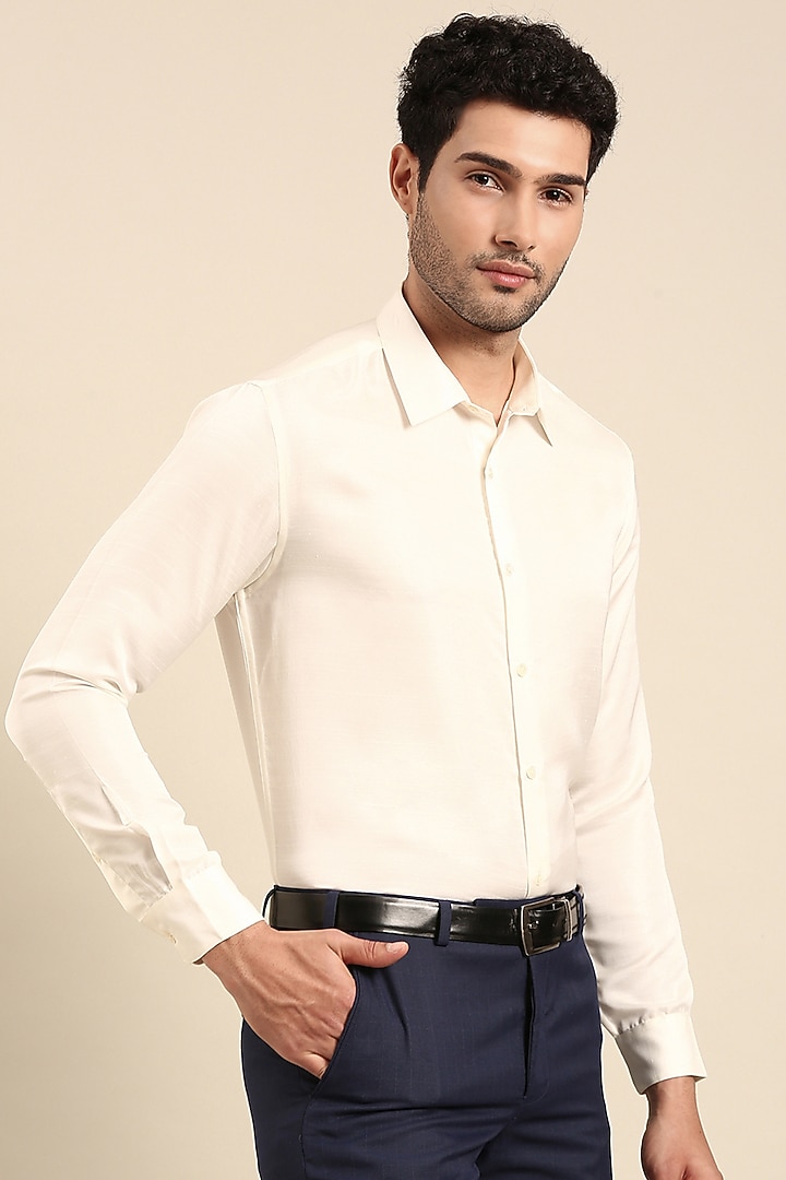Ivory Silk Slub Party Wear Shirt by Mayank Modi at Pernia's Pop Up Shop