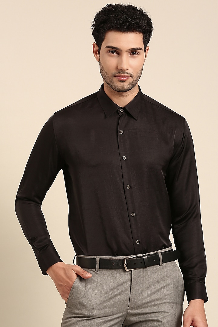 Black Silk Slub Shirt by Mayank Modi